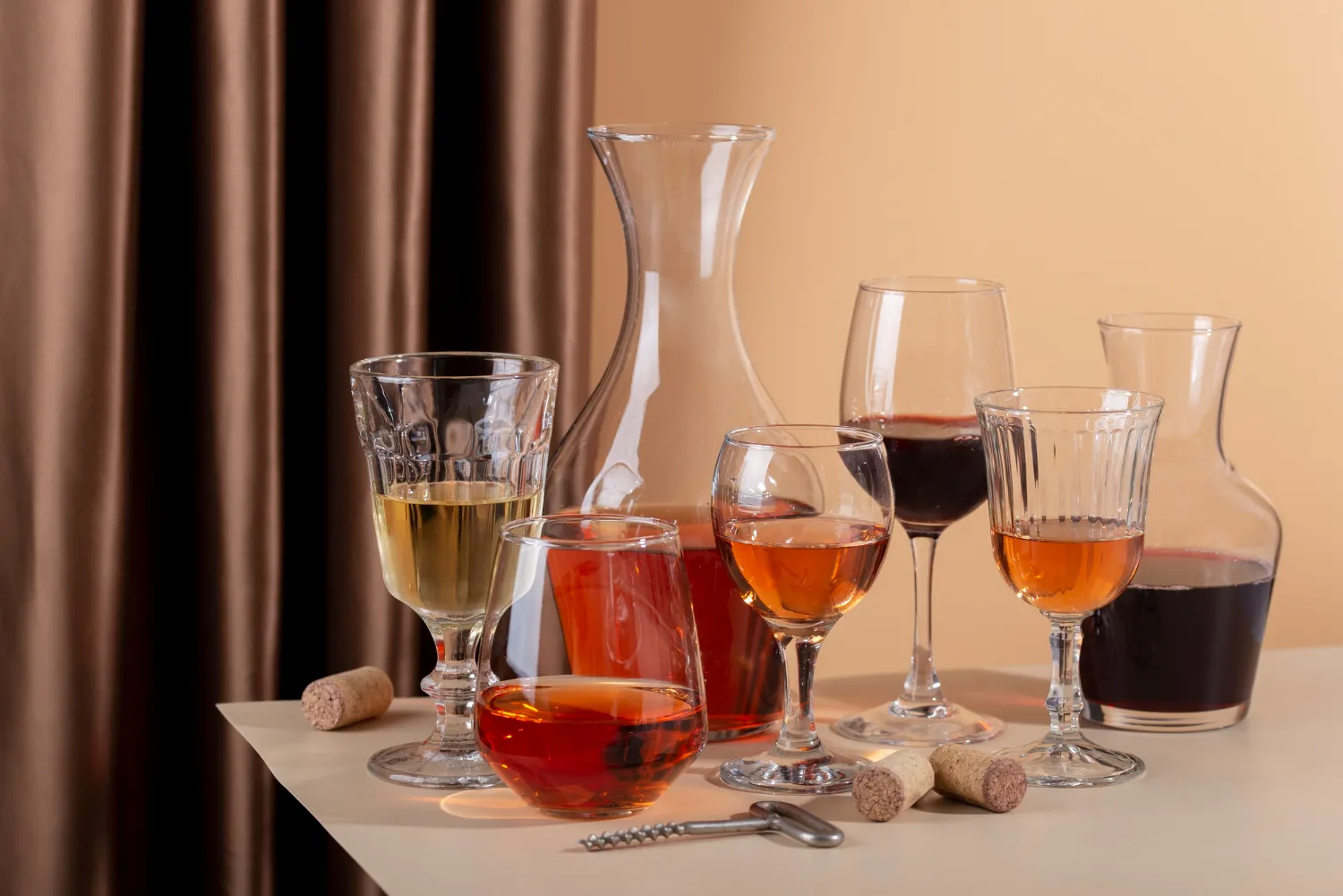 Varias copas y decantadores con diferentes tipos de bebidas alcohólicas sobre una mesa, junto a corchos y un sacacorchos, con un fondo de cortinas oscuras. Ideal para ilustrar un ambiente de cata de vinos o celebración.