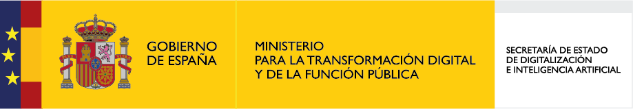 Logo del Gobierno de España, Ministerio para la Transformación Digital y de la Función Pública, Secretaría de Estado de Digitalización e Inteligencia Artificial, con fondo amarillo y elementos gráficos representativos de la nación.